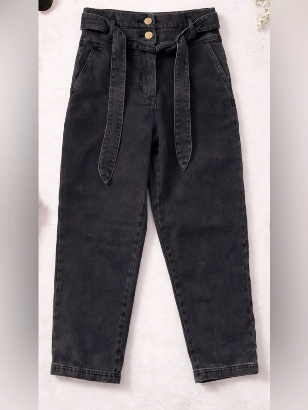 & other stories black high waist jeans size 4 belted cropped straight leg - Picture 1 of 12
